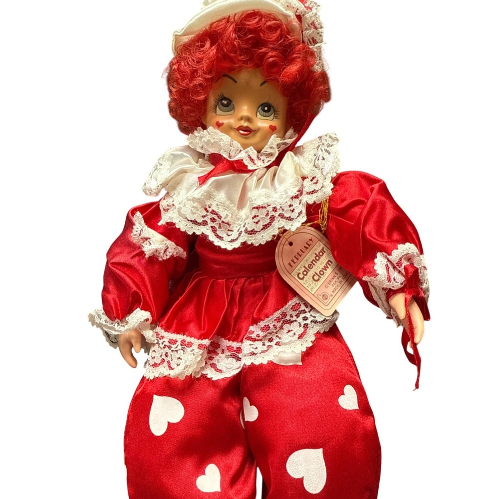 Brinns 1986 February Calendar Clown‎ Doll Red Heart Satin Lace Vintage 18"